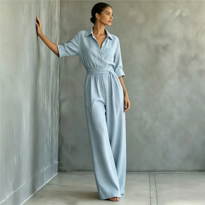 Women's Mid-sleeve Shirts Jumpsuits Spring Summer New 2026 New Fashion Elegant Waisted Lace-up Wide-leg Trousers Female Rompers