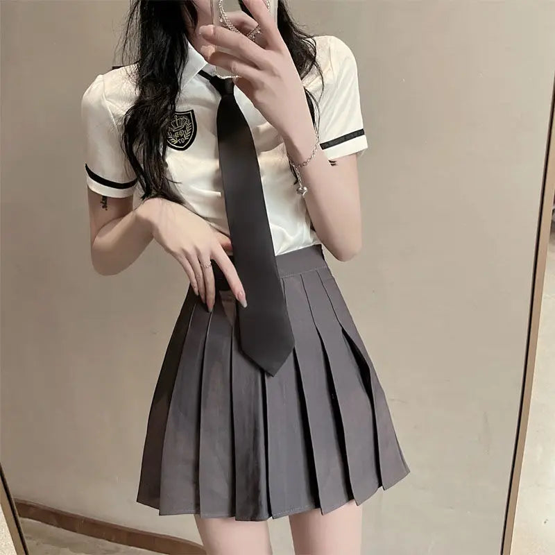 2025 improved daily jk uniform summer new white short/long sleeve shirt + pleated skirt jk uniform two-piece set for women w237