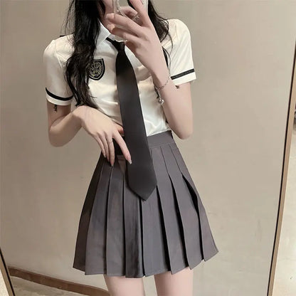 2025 improved daily jk uniform summer new white short/long sleeve shirt + pleated skirt jk uniform two-piece set for women w237