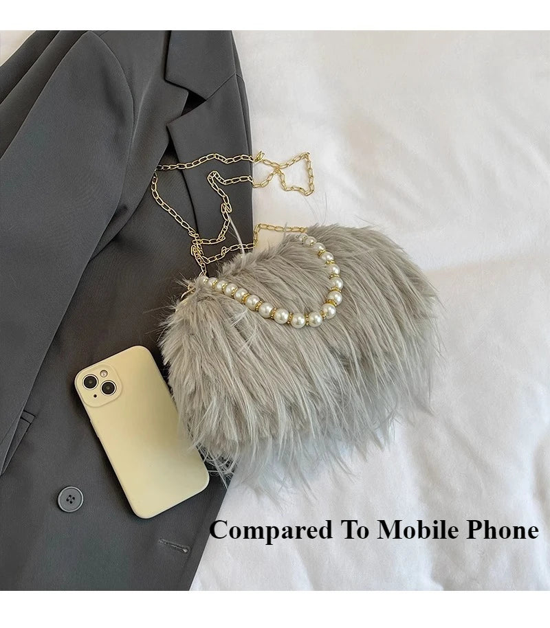 Beading Chain Women's Evening Plush Handbags Faux Fur Tassel Ladies Shoulder Bag Elegant Female Crossbody Bags Party Furry Purse