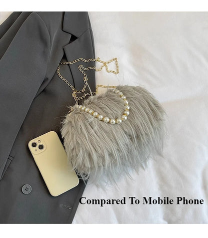 Beading Chain Women's Evening Plush Handbags Faux Fur Tassel Ladies Shoulder Bag Elegant Female Crossbody Bags Party Furry Purse