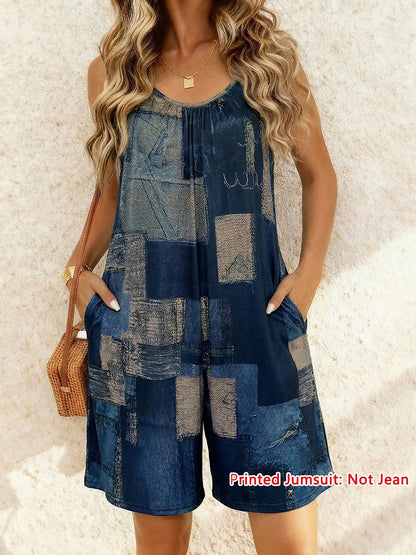 Women's Faux Denim Print Spaghetti Strap Romper Summer Casual Sleeveless V Neck Loose Short Jumpsuit With Pocket