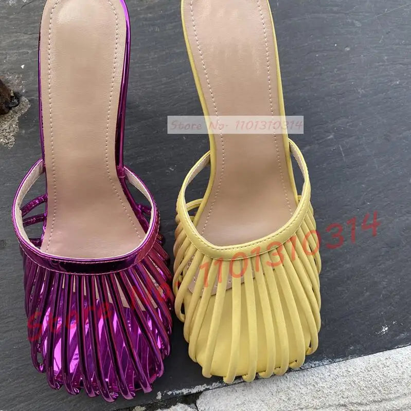 Cage Round Toe Metallic Mules Women New In Sexy Luxury High Heel Shoes Female Thin Strap 2023 Summer Elegant Chic Solid Slippers