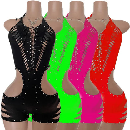 New Style One Piece Exotic Dancewear Sexy Lace-up Hollow-out Rhinestone Patchwork Bodycon Rompers Women Bodysuit Stripper Outfit