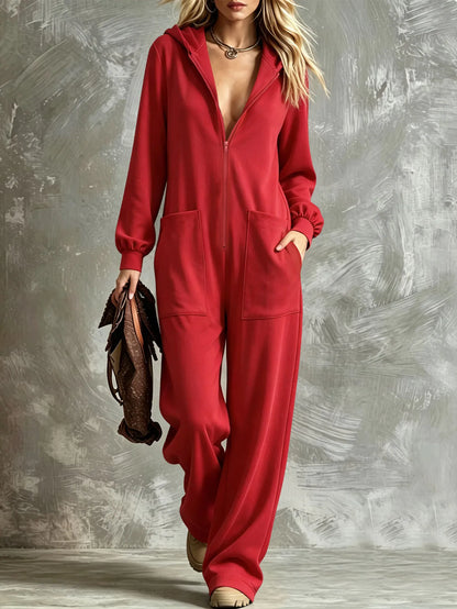 Autumn New Fashion Hooded Zipper Women's Jumpsuit Casual Loose Jumpsuit Straight Pants Pocket Rompers Lazy Female Home Wear 2026