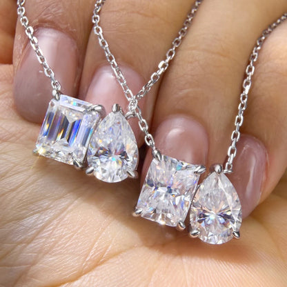 925 Sterling Silver Two Stone Toi Et Moi Necklace 2/5cttw Radiant Emerald Pear Cut Moissanite Pendant Necklace Fine Jewelry Gift