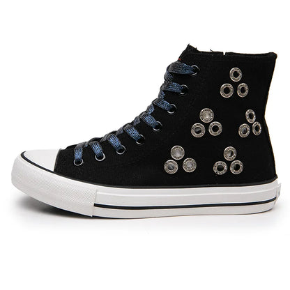 Breathable Hollow Canvas Short Boots Summer Women Black Casual Shoes Punk Rivet Flat Bottomed Shoes 2CM Woman High top Sneakers