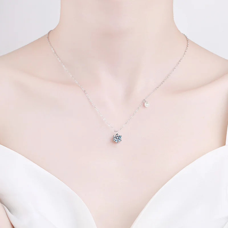 Butterflykiss 0.5/1ct Moissanite Solitaire Necklace For Women Pearl Pendant White Gold Plated S925 Sterling Silver Jewelry Gifts