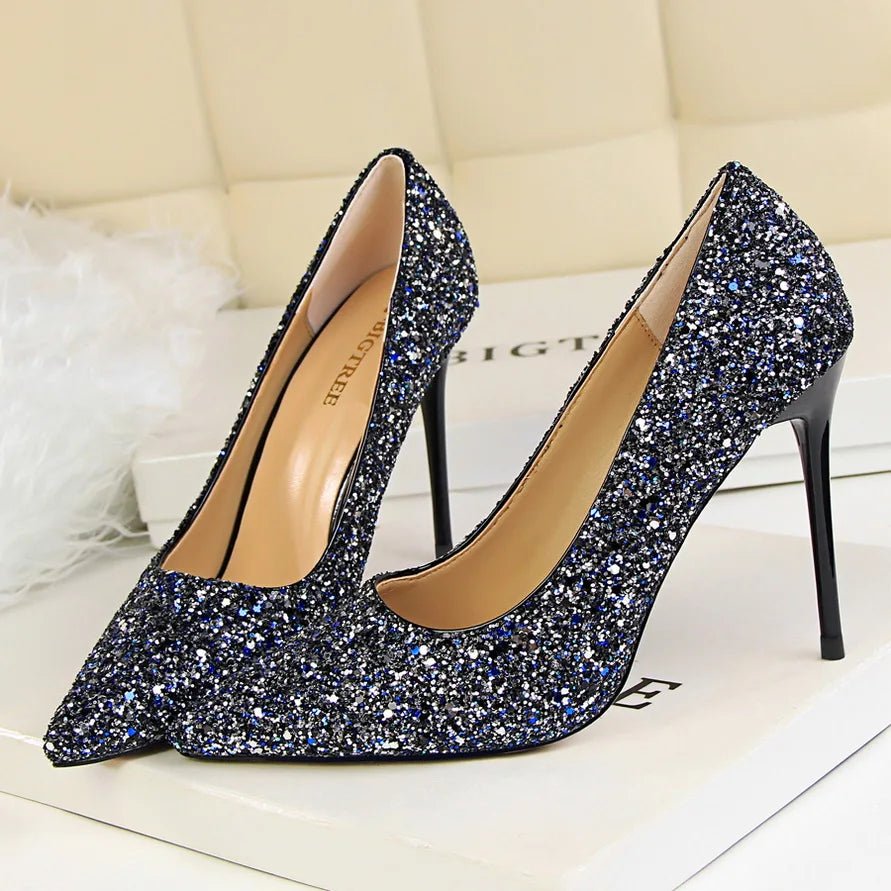 Women 7cm 9.5cm High Heels Pumps Wedding Bridal Scarpins Sparkly Mid Heels Lady Party Sequins Glitter Evening Gold Silver Shoes