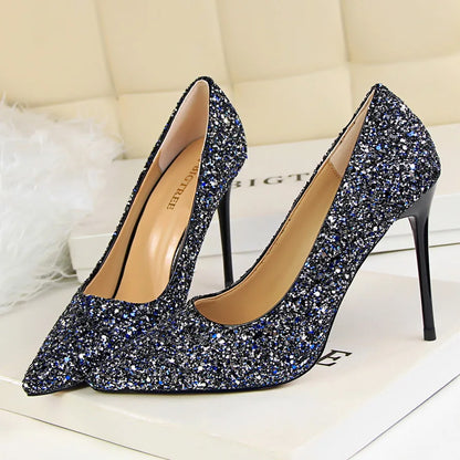 Women 7cm 9.5cm High Heels Pumps Wedding Bridal Scarpins Sparkly Mid Heels Lady Party Sequins Glitter Evening Gold Silver Shoes