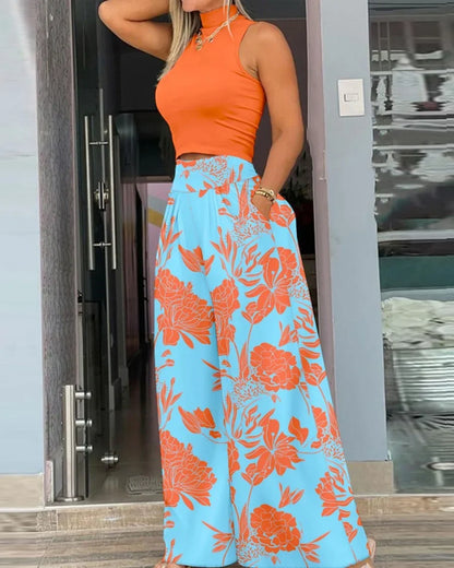 New Women Jumpsuits Loose Wide Leg Pants Overall Pants High Waist Vest Sleeveless Printed Fashion Casual 2024 Female 2 Piece Set