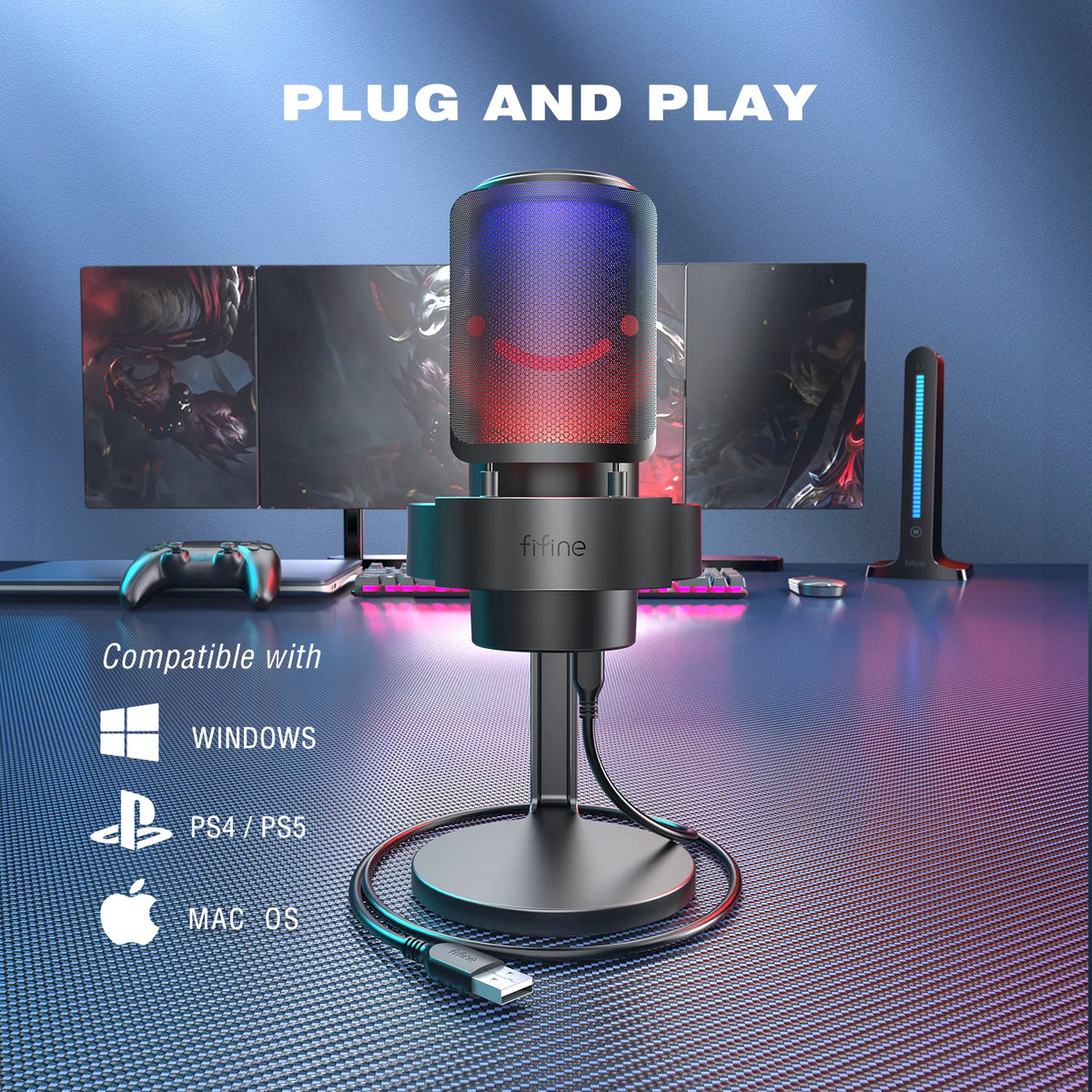 FIFINE USB Microphone for Recording and Streaming on PC and Mac,Headphone Output and Touch-Mute Button,Mic with 3 RGB Modes -A8