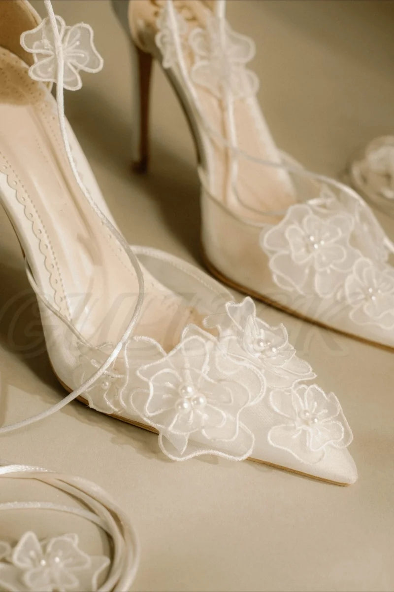 Bridal Blossom Air Mesh Heeled Sandals Shallow Lace Up Wedding Elegant High Heels Pointy Toe White Women Luxury Flower New Shoes