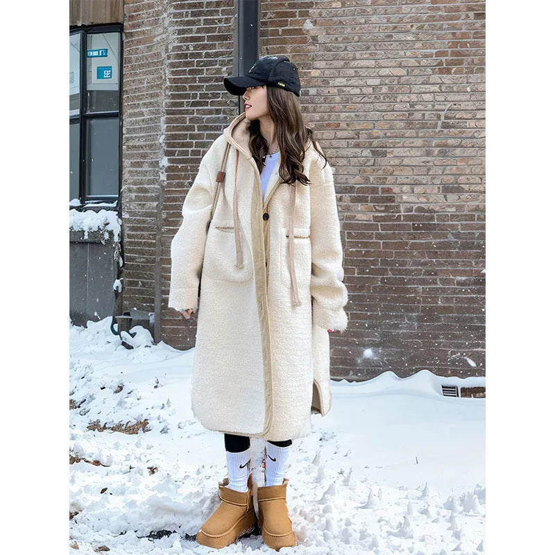 Women Wool Long Coats Jackets Blends Hooded Casual Loose Coat Thick Warm Y2k Streetwear Jacket Work Outerwear Autumn Winter