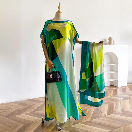 2025 New African Fashion Short Sleeve Colored Pattern Dubai Women Summer Real Silk Soft Printing Loose Tradition Muslim Dress