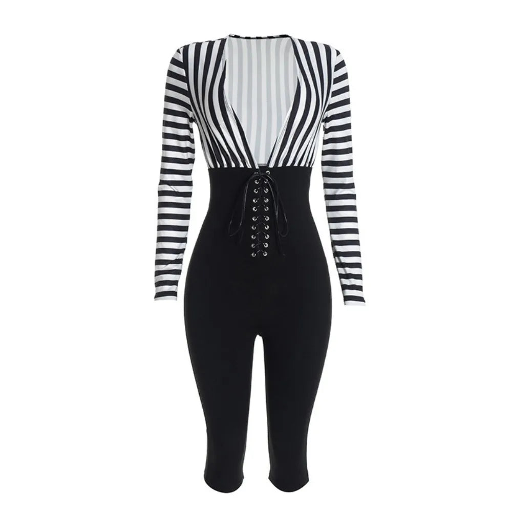 FLARORA Trend Stripe Color Blocking Jumpsuits Woman Deep V Neck Full Sleeve Bandage Skinny Peach Hip Sexy Party Club Overalls