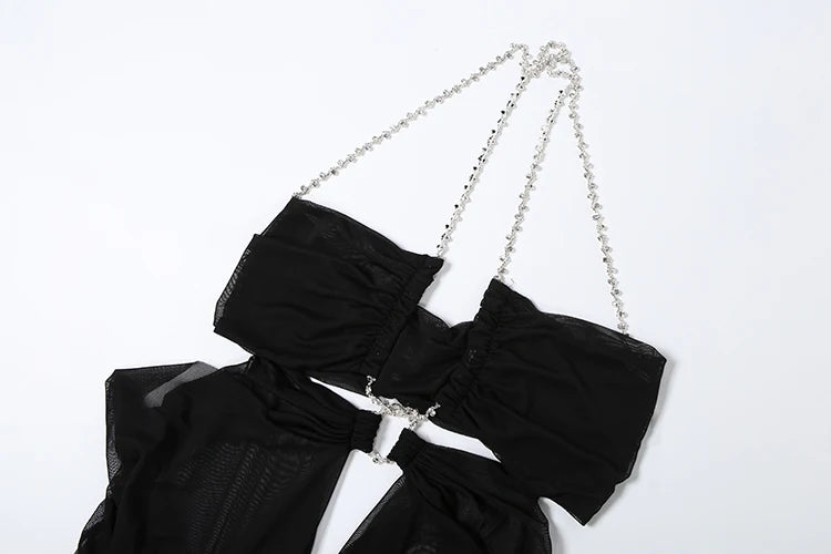 Nibber Prom Party Gown Dress Woman Sexy See Through Luxury Chain Halter Low-Neck Backless Sleeveless Midnight Elegant Vestidos