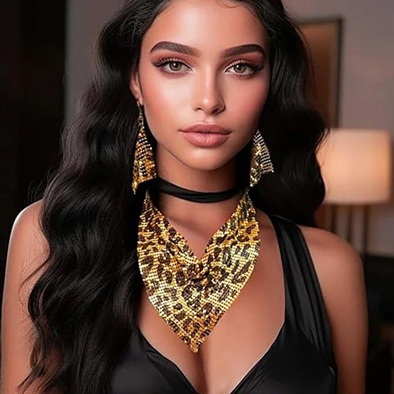 3PCS Women Leopard Necklace + Earring Set Fashion Sexy Bright Beads Triangle Scarf Collarbone Chain Earrings Jewelry Set