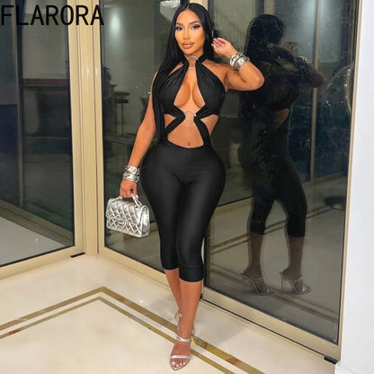 FLARORA Sexy Hollow Out Jumpuits Woman Metal Ring Decoration Halter Sleeveless Backless Skinny Rompers Midnight Party Clubwear