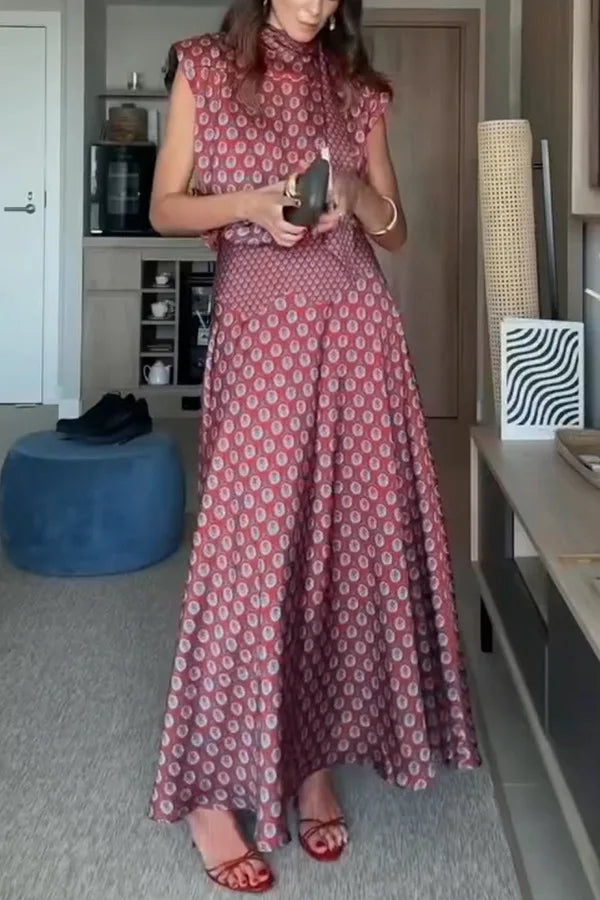 Vintage Printed Slim Office Commuting Suit Casual Loose Top+High Waisted Skirt 2pc Set Elegant Semi High Neck Sleeveless Outfit