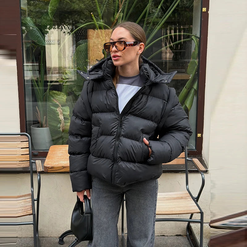 Detachable Sleeve Hooded Quilted Jackets 2026 Winter Ladies Solid 2-in-1 Zippers Waistcoat Cotton Coats Women's Warm Outwear