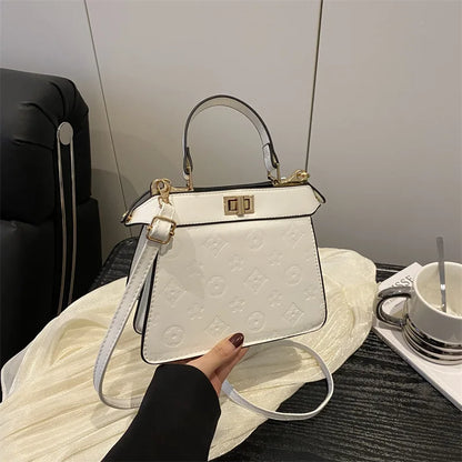 Fashion Embossed Top Handle Bags for Women,Metal Turn Lock Handbag, Adjustable Crossbody Strap,versatile Purse for Daily Outings