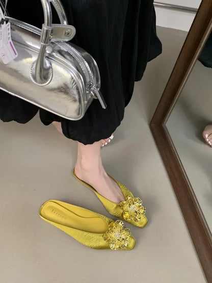 Luxury Crystal Flower Design Slippers for Women Summer 2025 Fashion Square Toe Backless Flat Sandals Elegant Party Mule Shoes