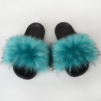 Women's Summer Faux Fur Fox Fur Slippers Fashion Luxury Indoor and Outdoor Non-Slip Solid Color Flat Bottom Furry Sandals