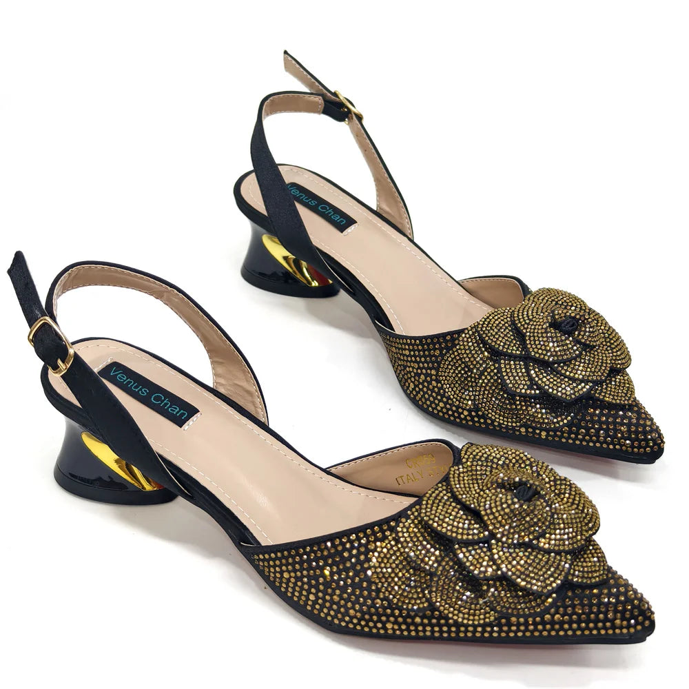 Italian Design Evening Shoes And Bags Paired With Handmade Petal Gold Colour Pointed Toe Mid-Heel Shoes For Women Party Shoes