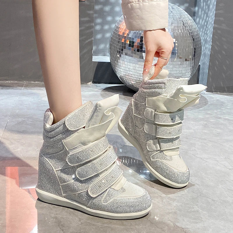 2026 Vintage Rivet Heightened Sneaker Wedge Velcro Casual Bright Diamond Booties