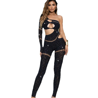 Whatiwear Rhinestones Patchwork Jumpsuit Women Sexy Hollow Skew Collar Single Sleeve Hottie Midnight Club Party Coquett Overalls
