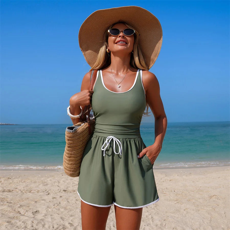 Women One Piece Swimsuit Summer Swimming Jumpsuit Vest Shorts Solid Classical Color Female Deep Neck Bathing Suits Beach 2026