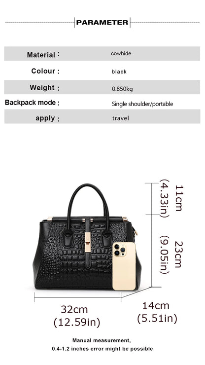 Aidrani Genuine leather women's handbag, fashion crocodile pattern design, high-end luxury cowhide bag large capacity
