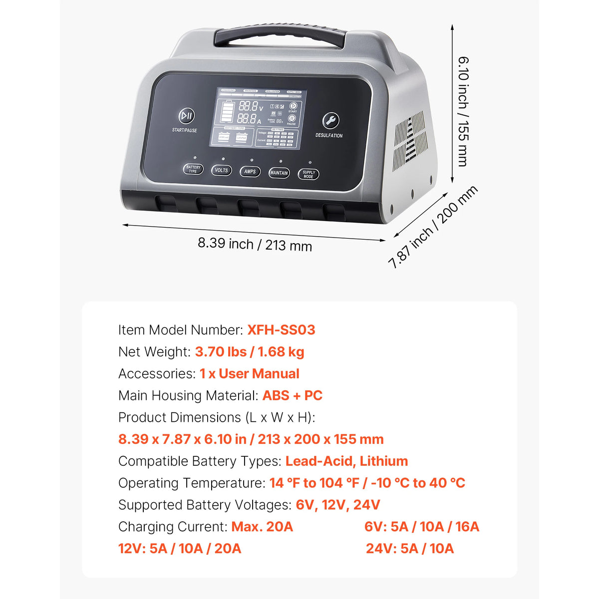 SucceBuy Smart Battery Charger 12A/16A/20A/25A with LCD Display Trickle Charging Maintainer Desulfator, for Car Boat Motorcycle