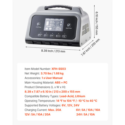 SucceBuy Smart Battery Charger 12A/16A/20A/25A with LCD Display Trickle Charging Maintainer Desulfator, for Car Boat Motorcycle