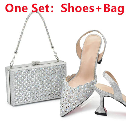 New Arrival Shoe and Bag Set Italian Design Nigeria Party Shoes and Bags for Women Rhinestone Luxury High Heels Woman Pumps