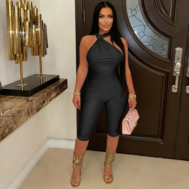 Sexy Backless Ruched Halter Neck Tie Solid Slim Fit Capris Jumpsuit Women Fashion Overalls Playsuits Beach Vacation Clubwear