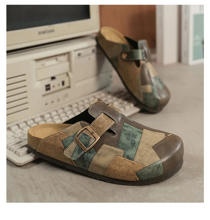 Unisex Cork Closed Toe Slippers Slip-on Clogs Slides Fashion Leather Sandals with Adjustable Buckle Backless Comfort Footbed