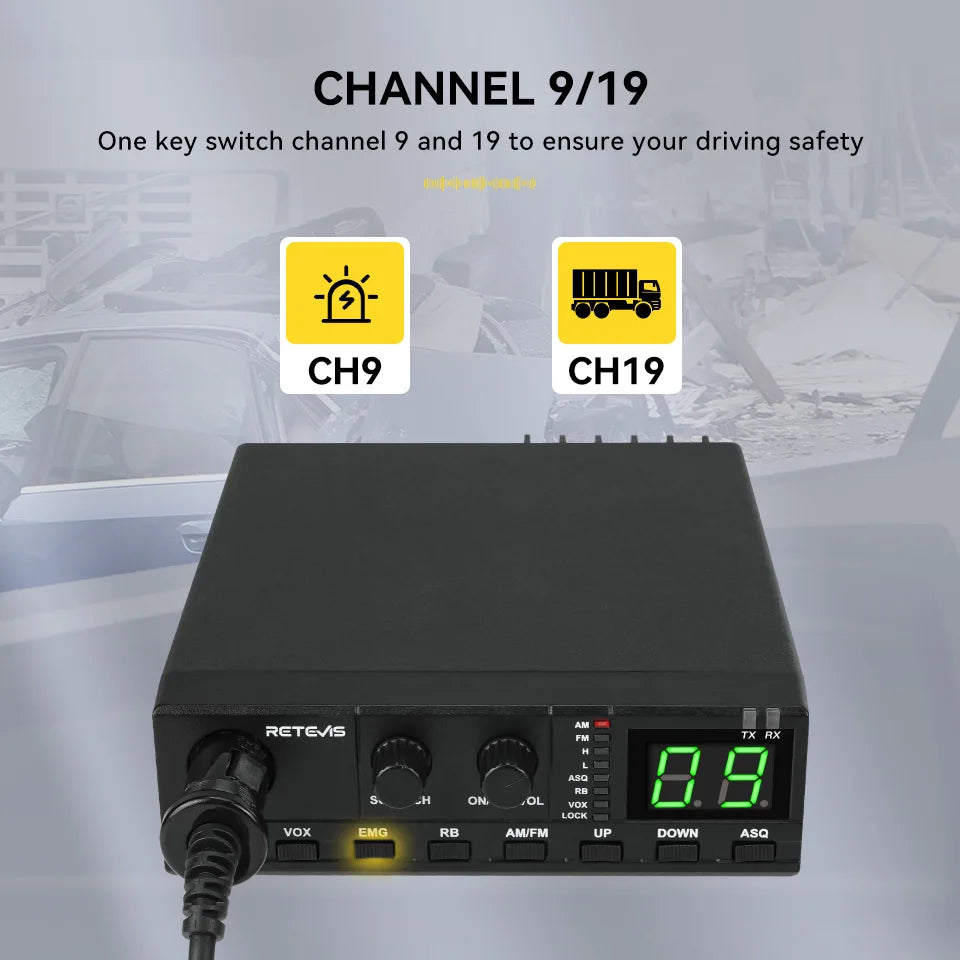 Retevis MB62 CB Radio 27Mhz AM/FM Mobile Car Handheld Communicator Long Range Radios Instant Channel 9/19 for Truckers
