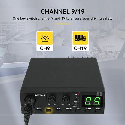 Retevis MB62 CB Radio 27Mhz AM/FM Mobile Car Handheld Communicator Long Range Radios Instant Channel 9/19 for Truckers