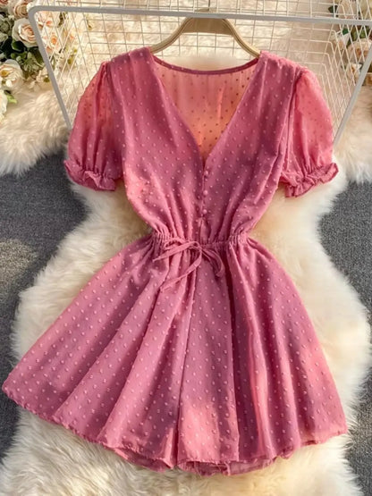 2025 Summer Women Playsuit Polka Dot See Through Thin Beach Rompers Sexy V-neck Short Sleeve Drawstring Sash Slim Waist Overalls