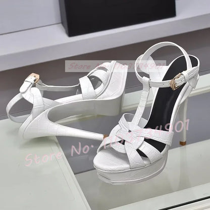 Platform Shiny Leather Cage Sandals Women Open Toe Ankle Strap High Heels Sandals Lady Stone Pattern Sexy Elegant Luxury Shoes