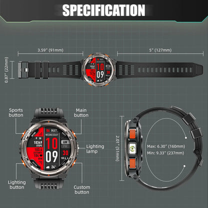 EIGIIS KE5 3ATM Waterproof Smart Watch for Men with LED Flashlight 1.45'' HD Rugged Smartwatch with 530mAh Big Battery