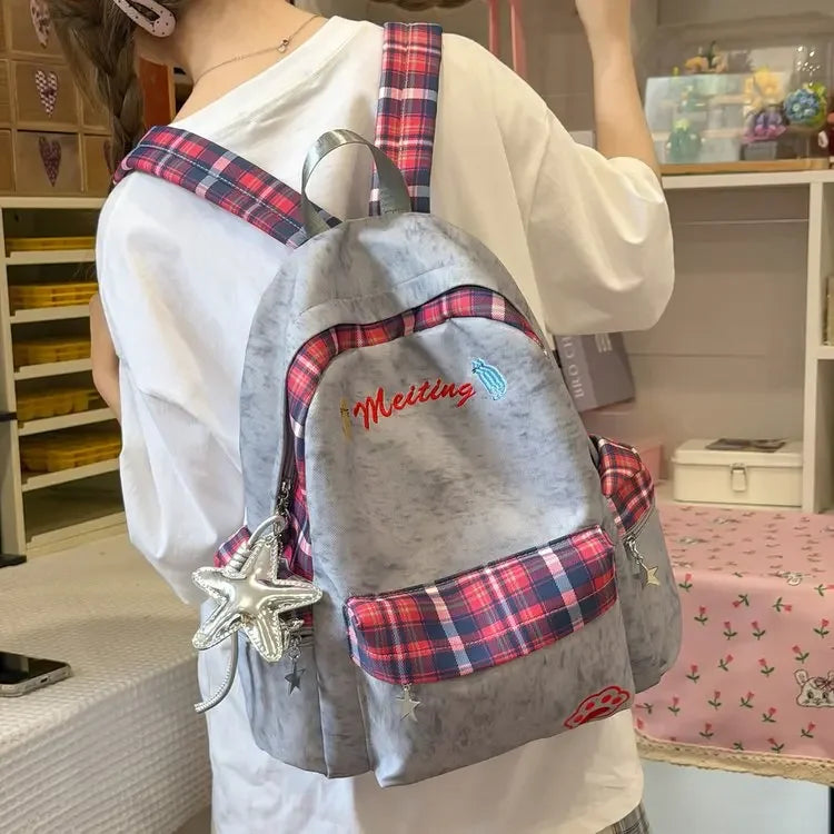Preppy Style Blue Backpack for Girls, Plaid Spliced School Bag, Cute Nylon Daypack Star Pendant, Large Capacity Student Rucksack