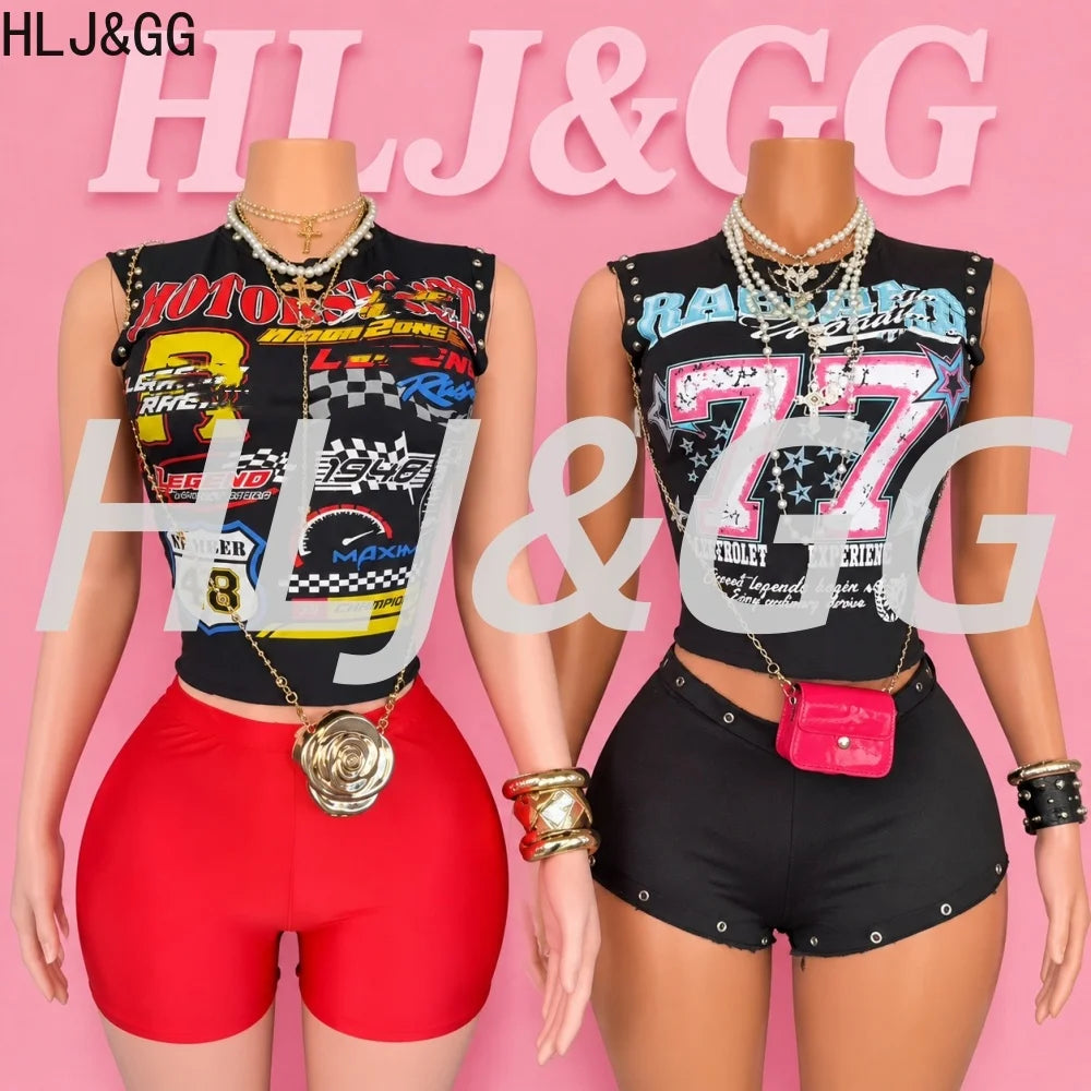 HLJ&GG Trend Fashion Letter Print Rivet Tshirts Two Piece Sets Women O Neck Sleeveless Top And Shorts Outfit Y2K 2pcs Streetwear