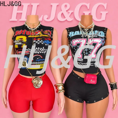HLJ&GG Trend Fashion Letter Print Rivet Tshirts Two Piece Sets Women O Neck Sleeveless Top And Shorts Outfit Y2K 2pcs Streetwear