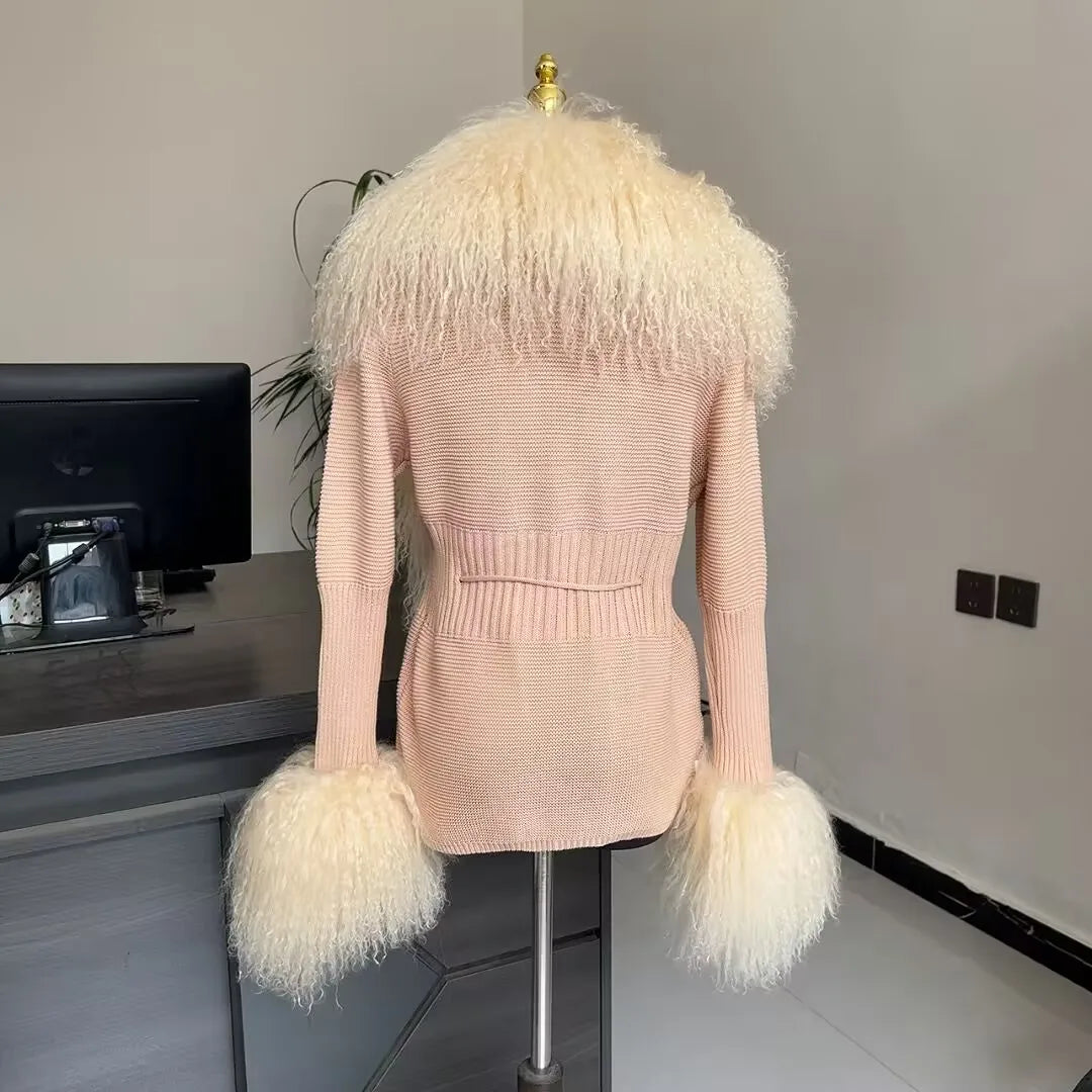 Mongolian Wool Knitted Cardigan Women's Brown Autumn Winter Knitted Cardigan Paired with Real Mongolian Wool Collar Jacket