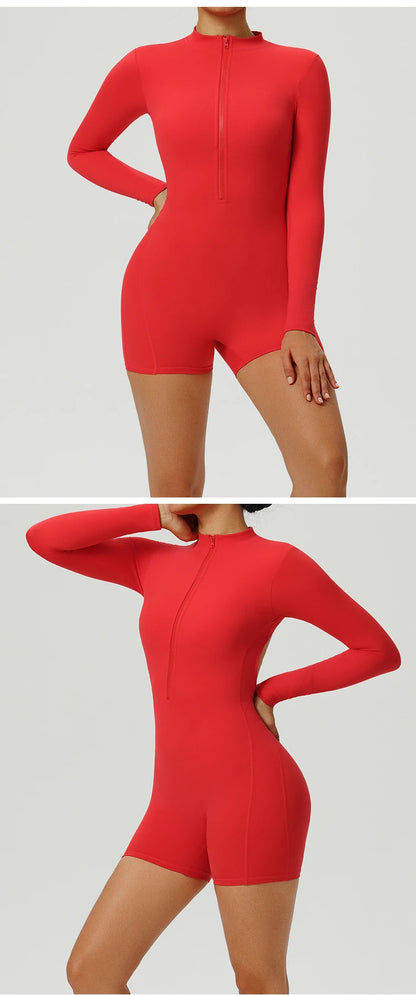 Women V-Back Sports Overalls Zipper Workout Jumpsuit Gym Fitness Suits Sports Bodysuits Female Running Tracksuit Sportswear