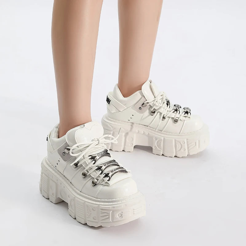 Gothic Ankle Rock Boots Women Shoes White Leather Platform New Punk Style Lace-up Heel Height Shoes Metal Decor Woman Sneakers