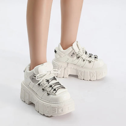 Gothic Ankle Rock Boots Women Shoes White Leather Platform New Punk Style Lace-up Heel Height Shoes Metal Decor Woman Sneakers